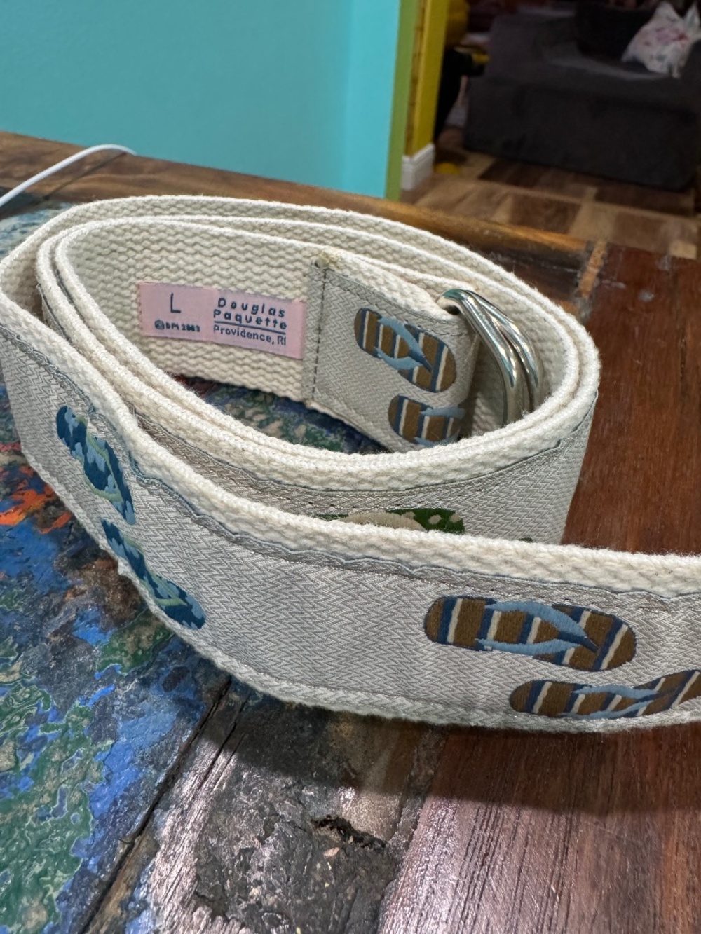 Douglas Paquette Wide Cream Flip flop Belt Blue/Brown/Green Size Large
